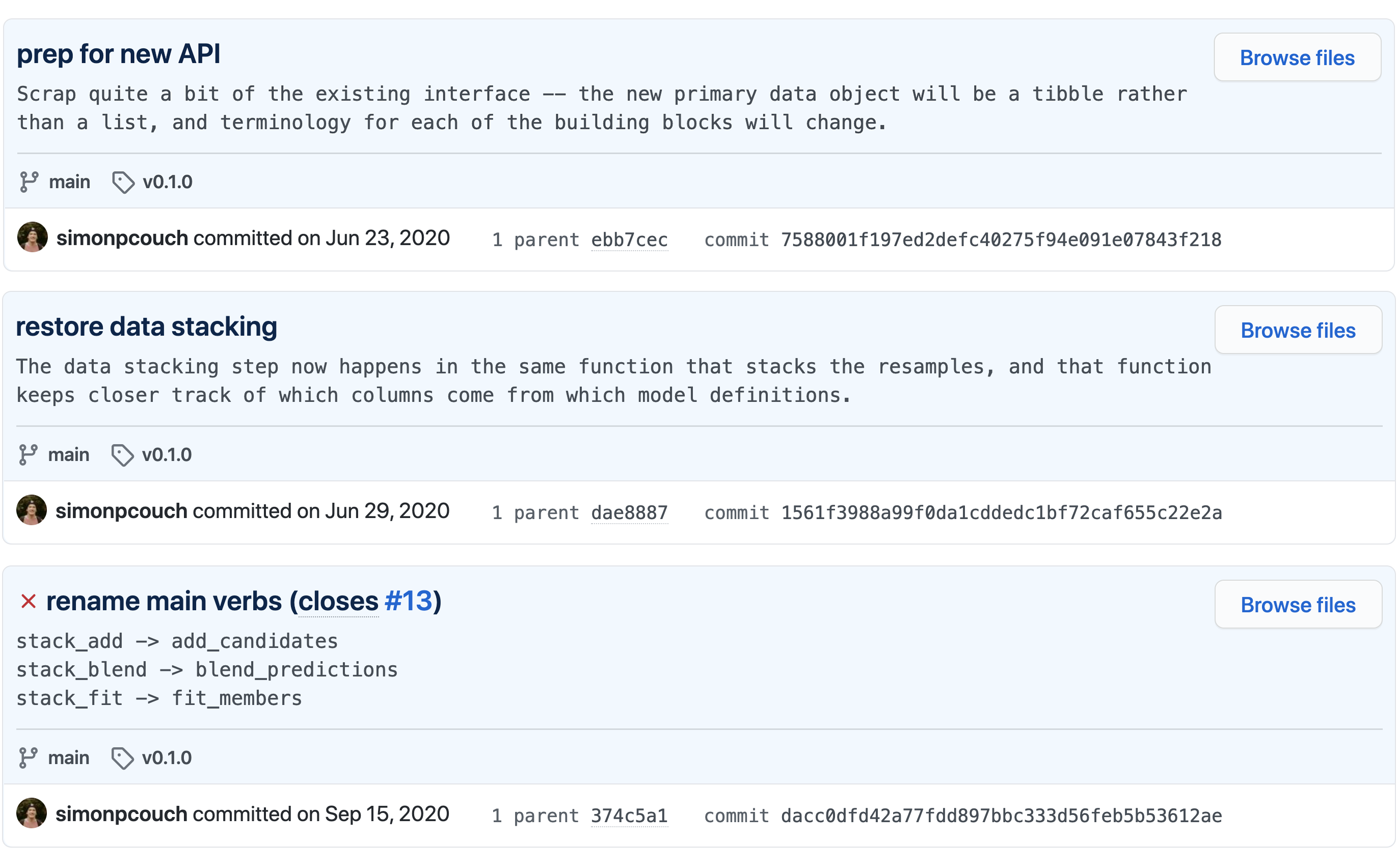 A screenshot of three commits and their associated commit messages, titled 'prep for new API,' 'restore data stacking,' and 'rename main verbs.' None of them pass continuous integration checks.