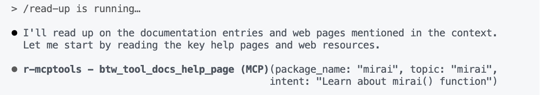 A screenshot of a Claude Code terminal. The top reads 'read-up is running...' and two tool calls fetching the documentation for related packages are shown below.